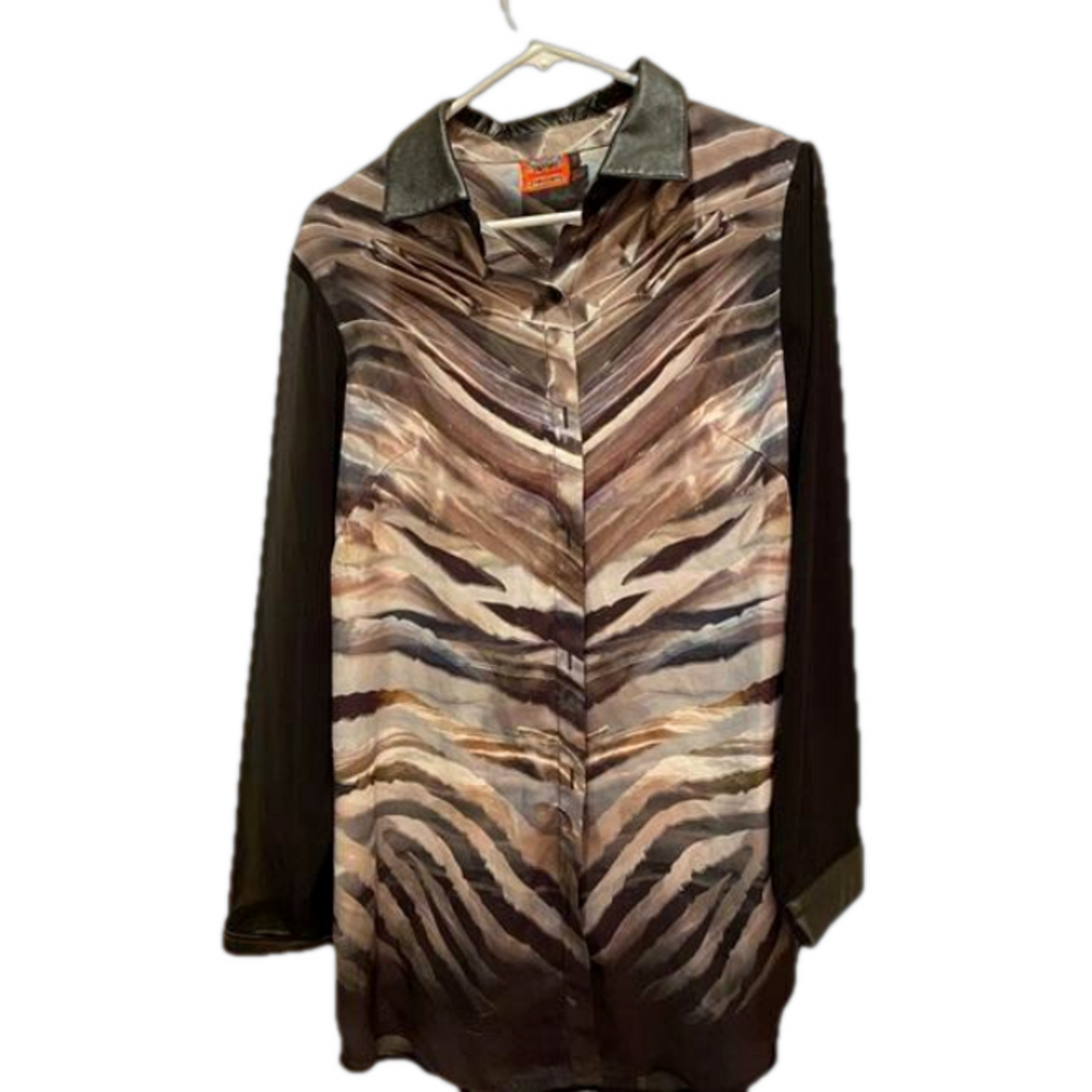 Simon Chang Sheer Abstract Animal Print Tunic Top Size 10 Faux Leather Trim